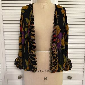 Floral Ruffle Trim Cardigan/Jacket - Black, Yellow, Purple